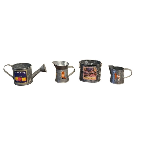 Set Of 4 Vintage Style Galvanized Metal Decorative Pitchers & Watering Can With - Picture 1 of 16